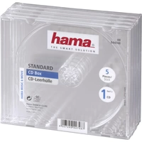 Ein Stapel von fünf transparenten CD-Leerhüllen der Marke 'Hama' für jeweils eine CD, geeignet zur CD-Aufbewahrung.